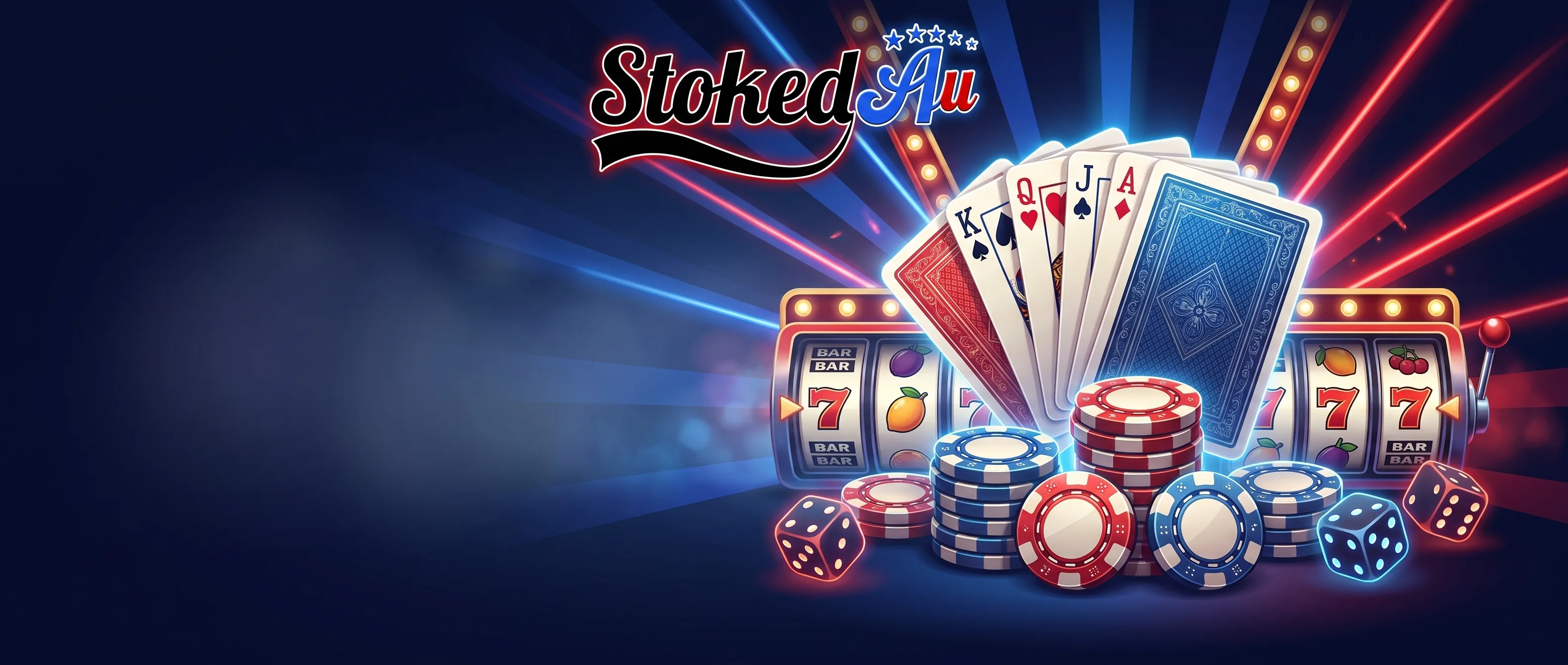 Stoked AU casino artwork with playing cards, pokies and poker chips.