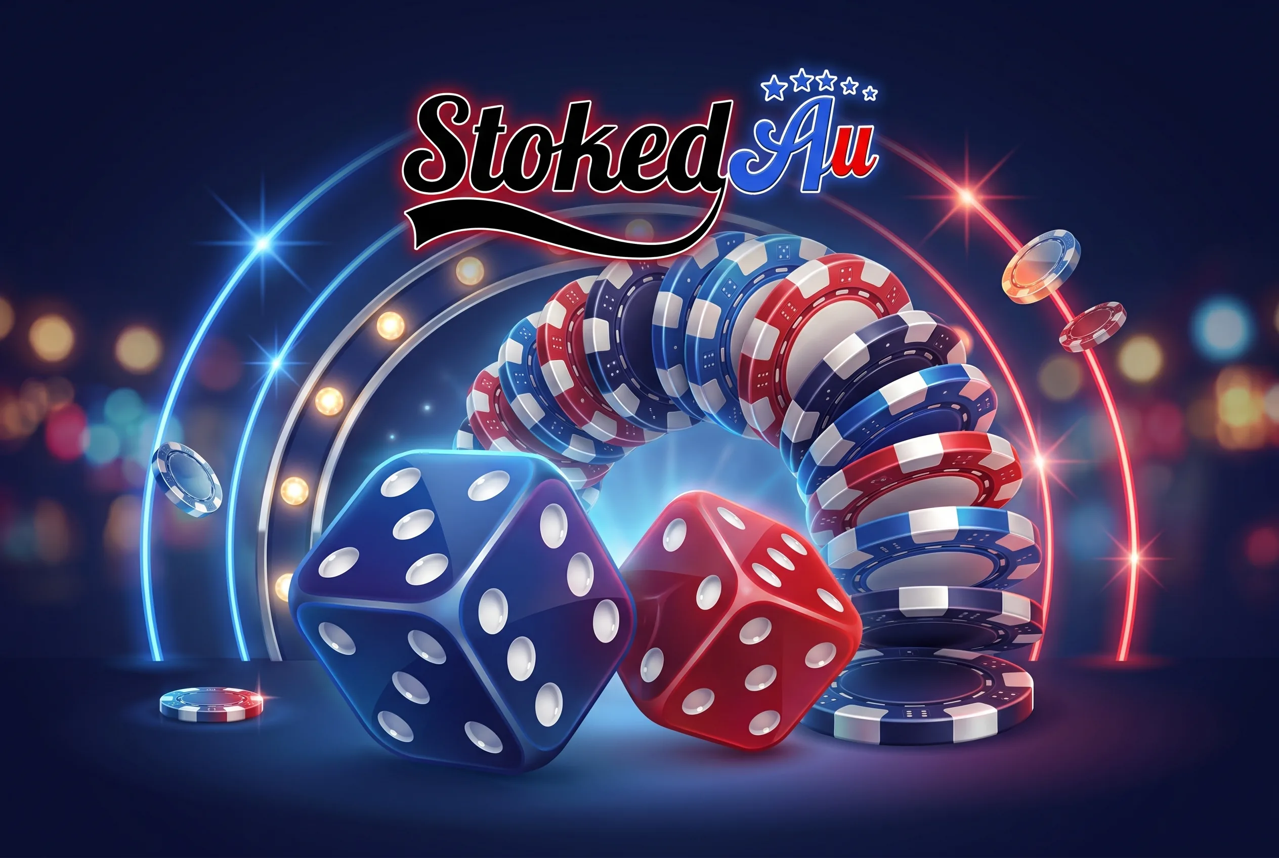 Stoked AU artwork with dice, poker chips and the brand logo.